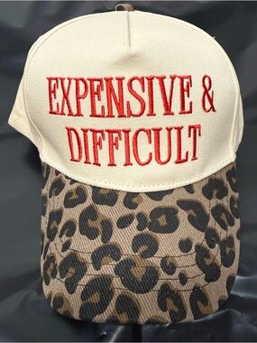 EXPENSIVE & DIFFICULT Leopard Brim Trucker Hat - Red Embroidered Text